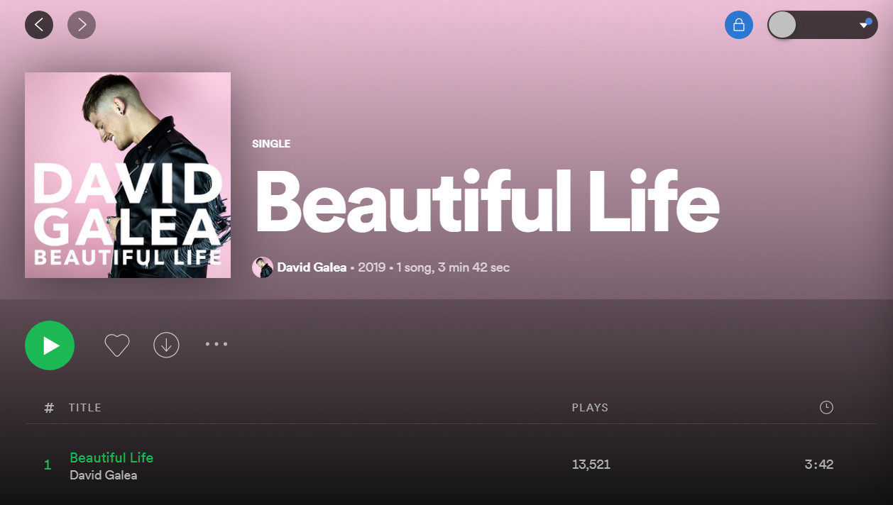 The image shows a music streaming platform interface displaying the single 'Beautiful Life' by David Galea, with play count and track duration visible.