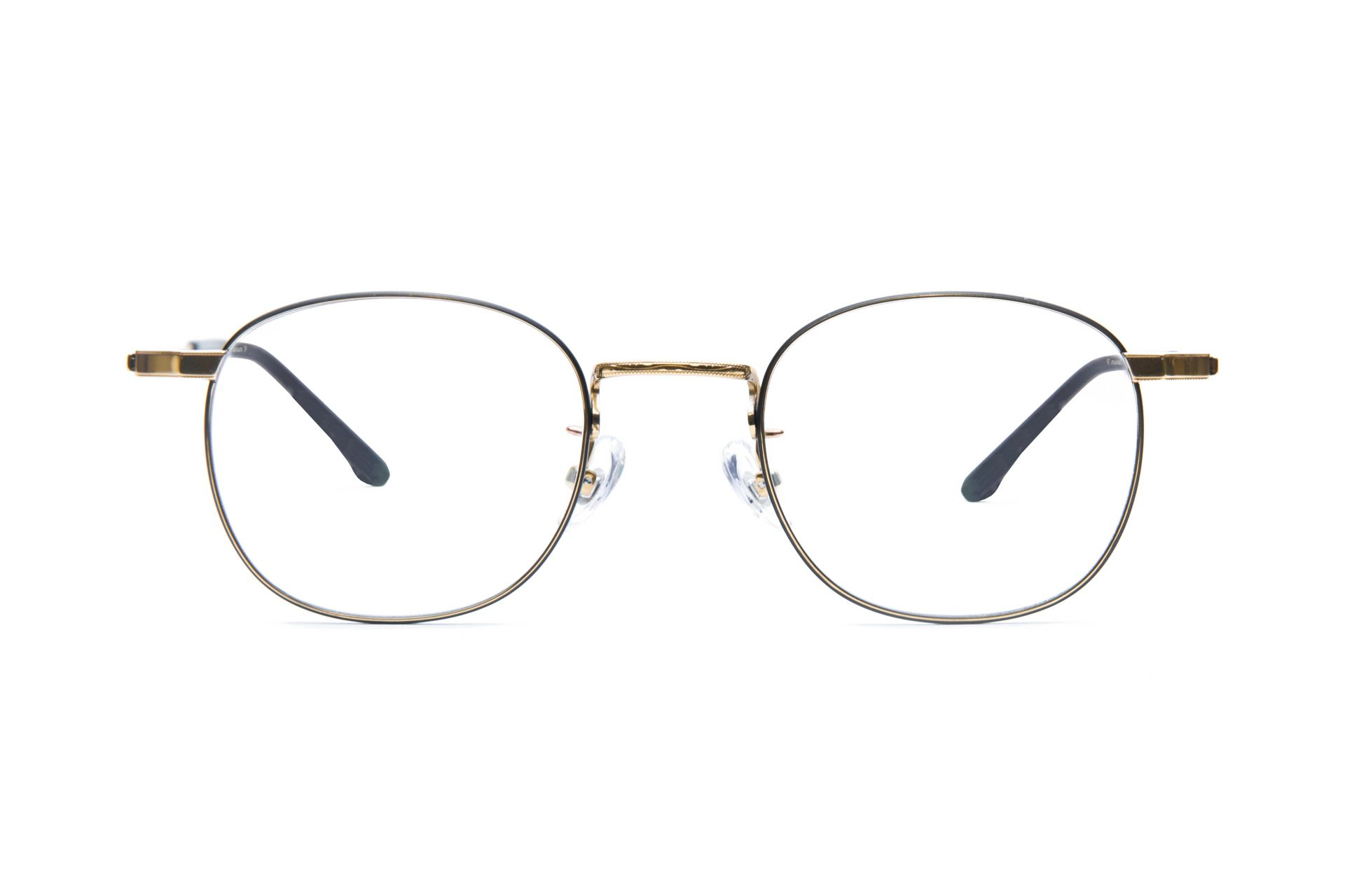 A pair of round metal-framed eyeglasses with a double bridge design on a white background.